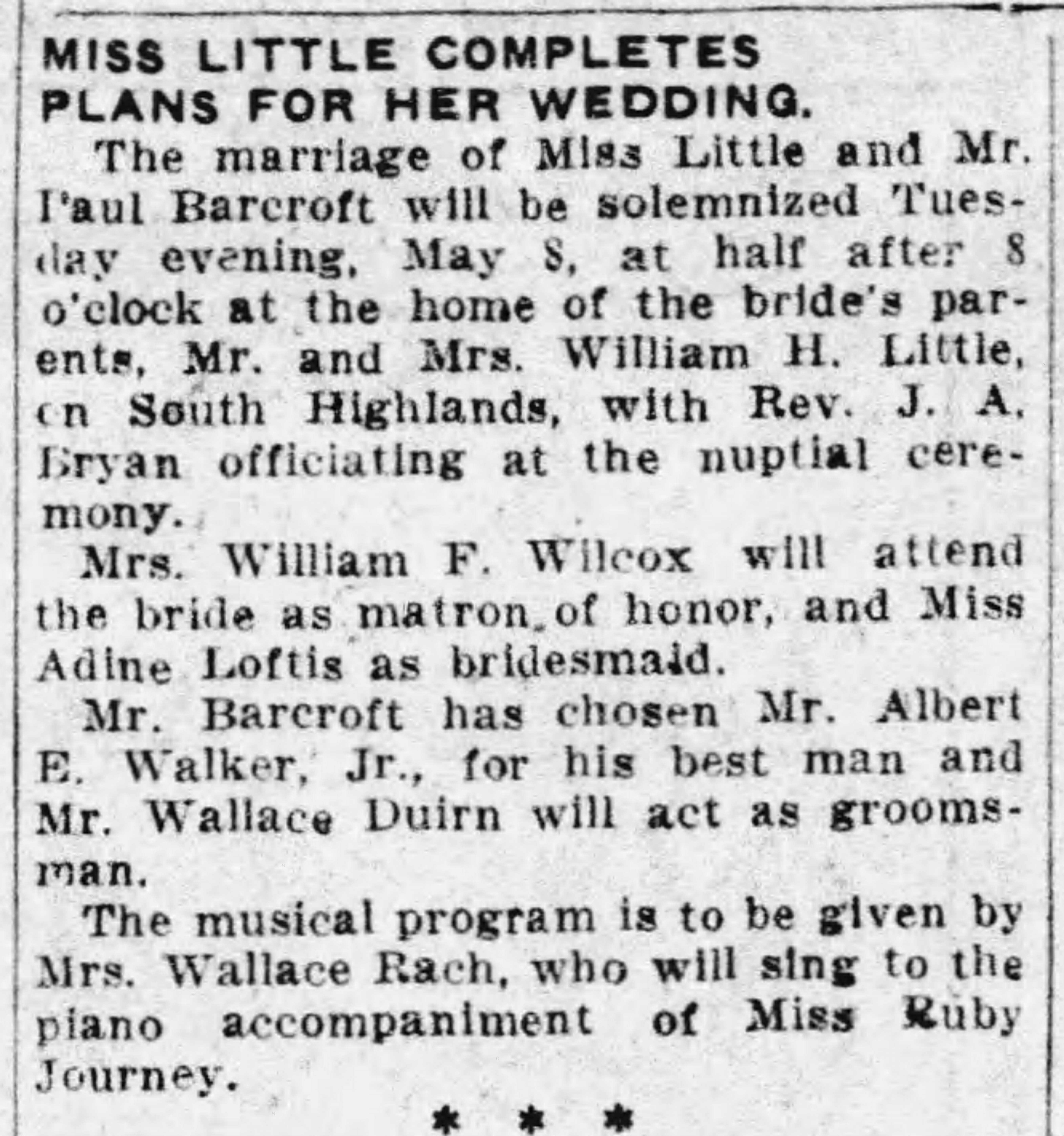 Miss Little Completes Plans for Her Wedding